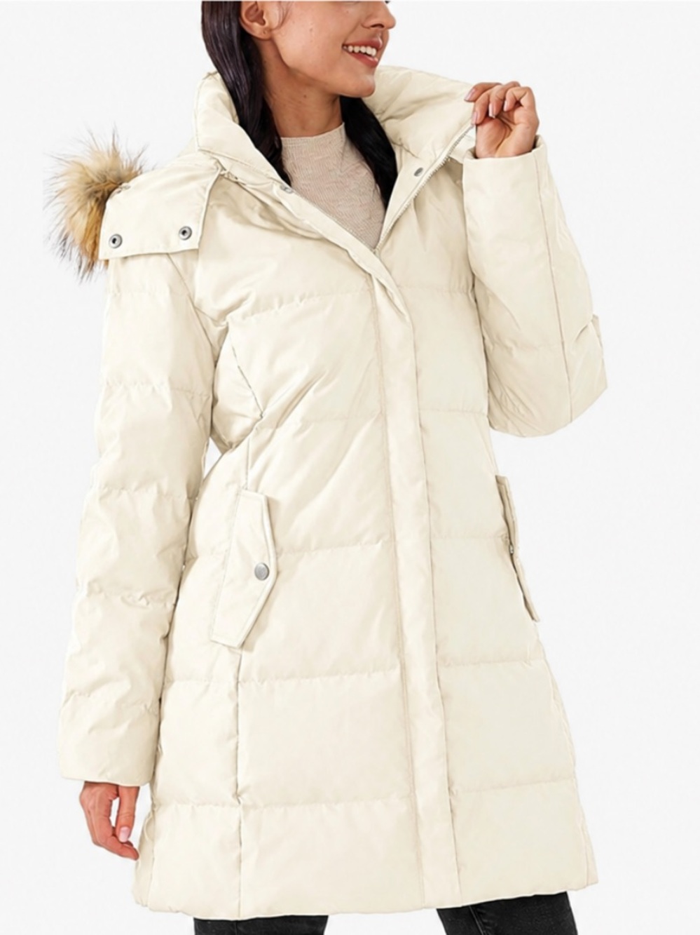 Women's Cream Long Puffer Coat with Faux Fur-Trimmed Hood
